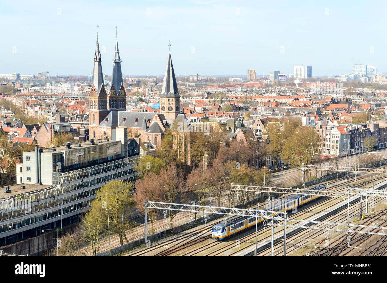 Aerial view of Posthoornkerk church and Amsterdam, Netherlands Stock Photo