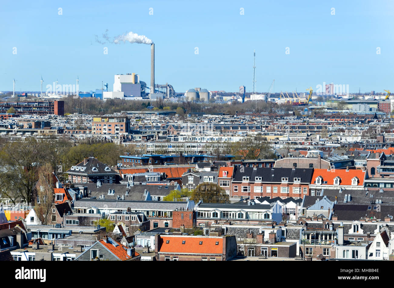 Aerial view of Amsterdam (Jordaan district) with a chimney in the background, Netherlands Stock Photo
