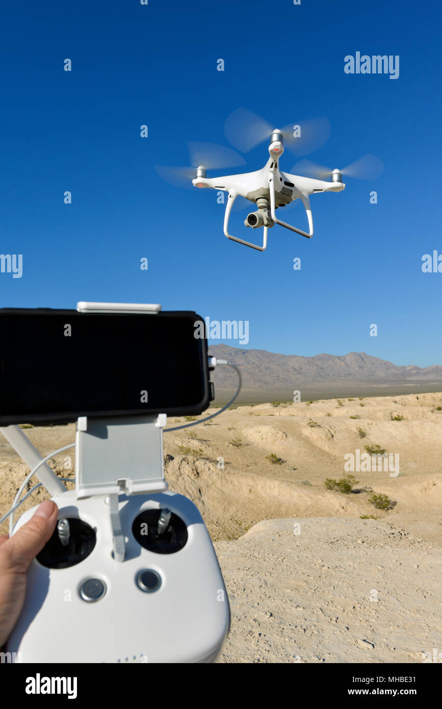 Operating a Drone over the Nevada Desert Stock Photo
