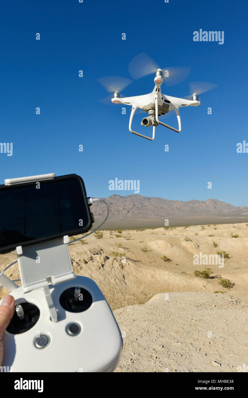 Operating a Drone over the Nevada Desert Stock Photo