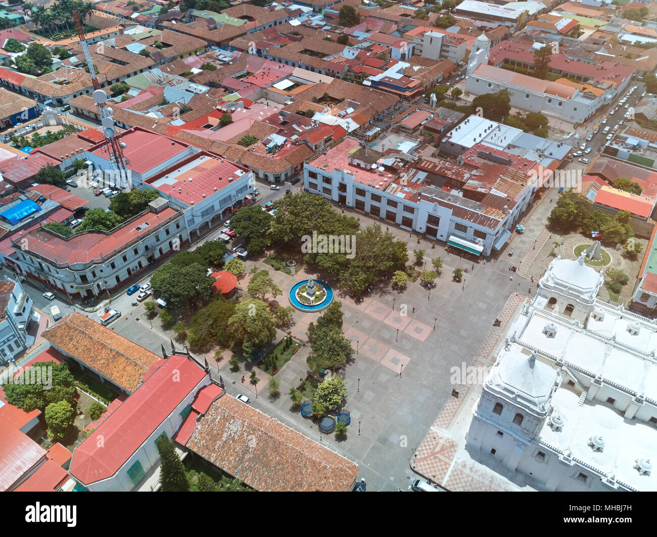Above view of Central square in Leon city. Roofs in Leon town Stock Photo