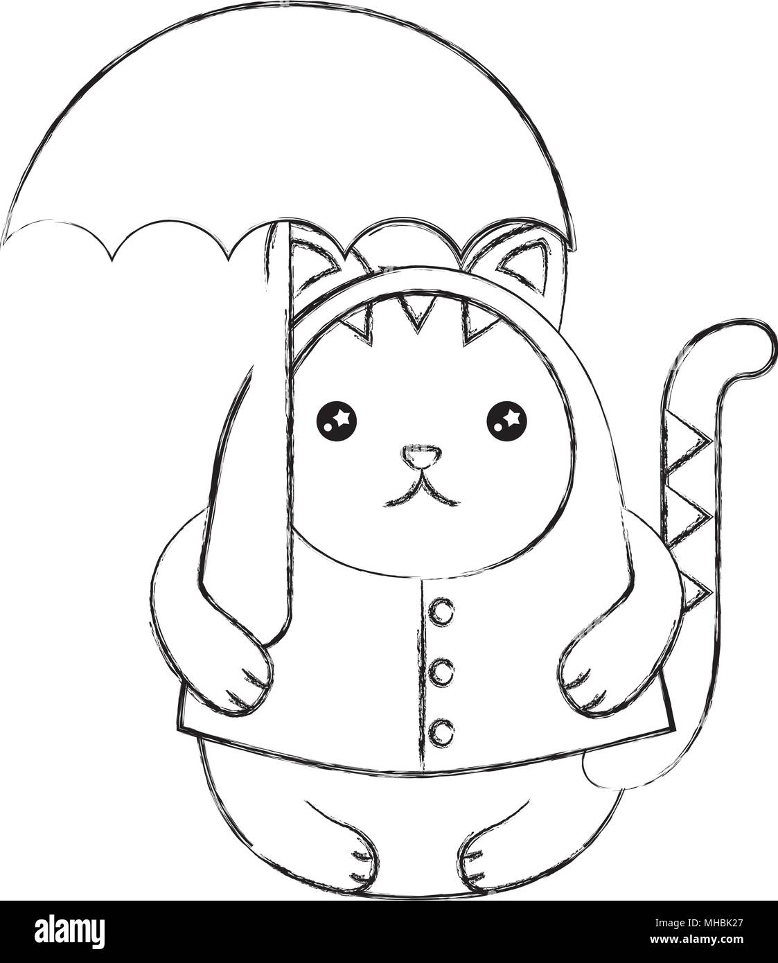 cute kawaii kitty cartoon wearing coat with umbrella vector illustration sketch Stock Vector