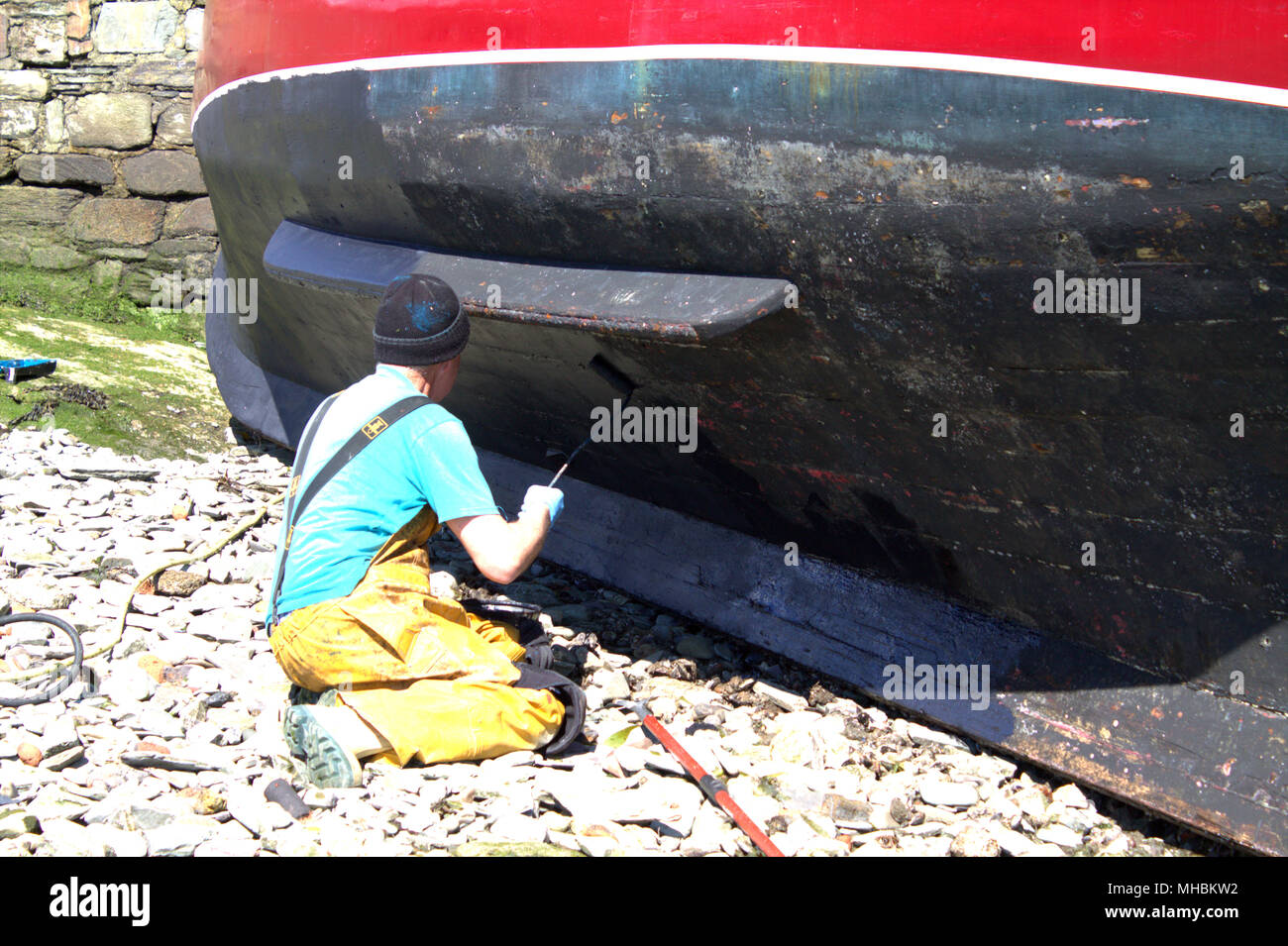 fisherman painting antifouling onto the hull of his fishing boat, taking advantage of the low tide and warm dry weather. Stock Photo