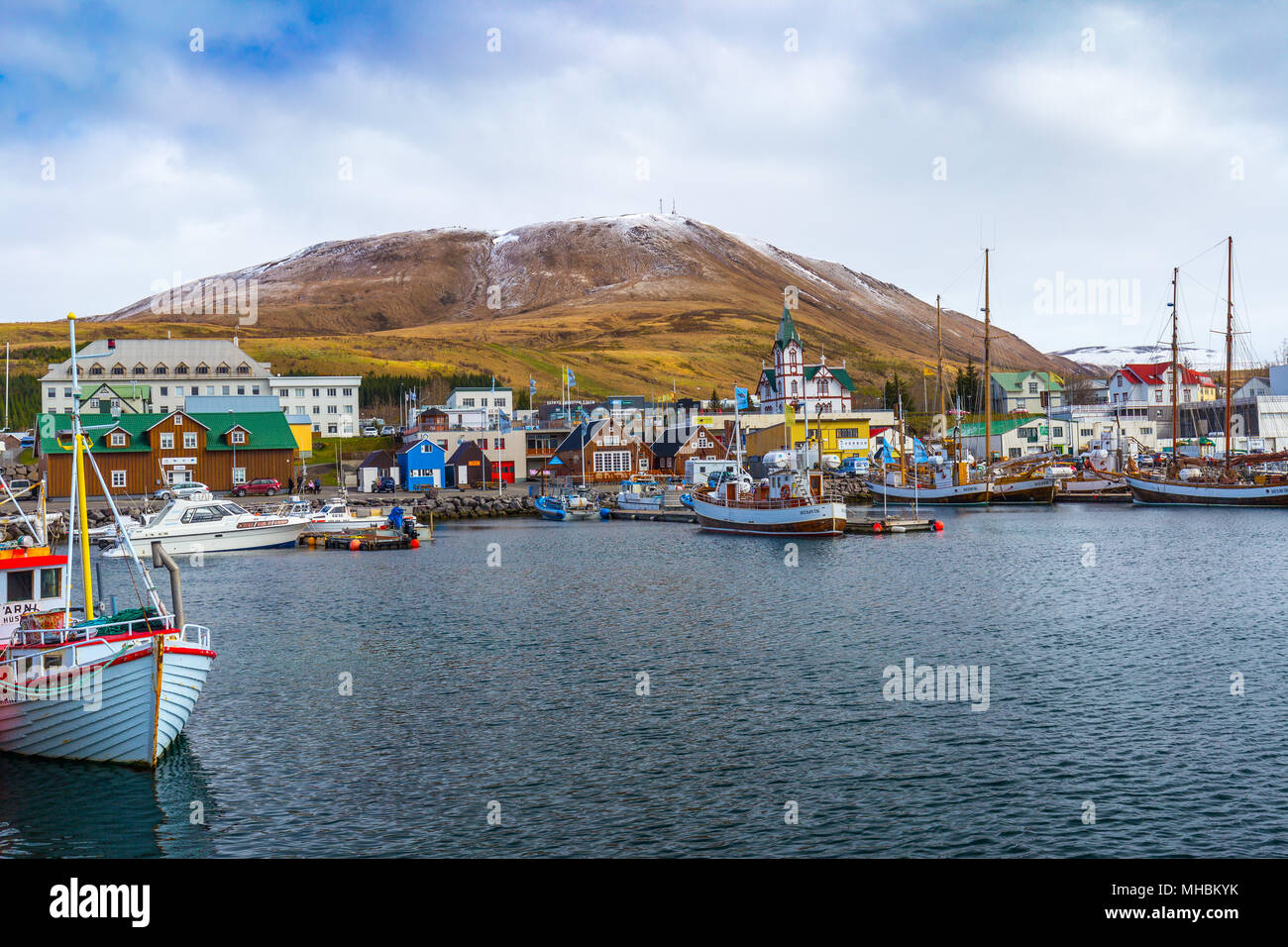 Harbour of Husavik, fishing village and whale tour center in Northern Iceland Stock Photo