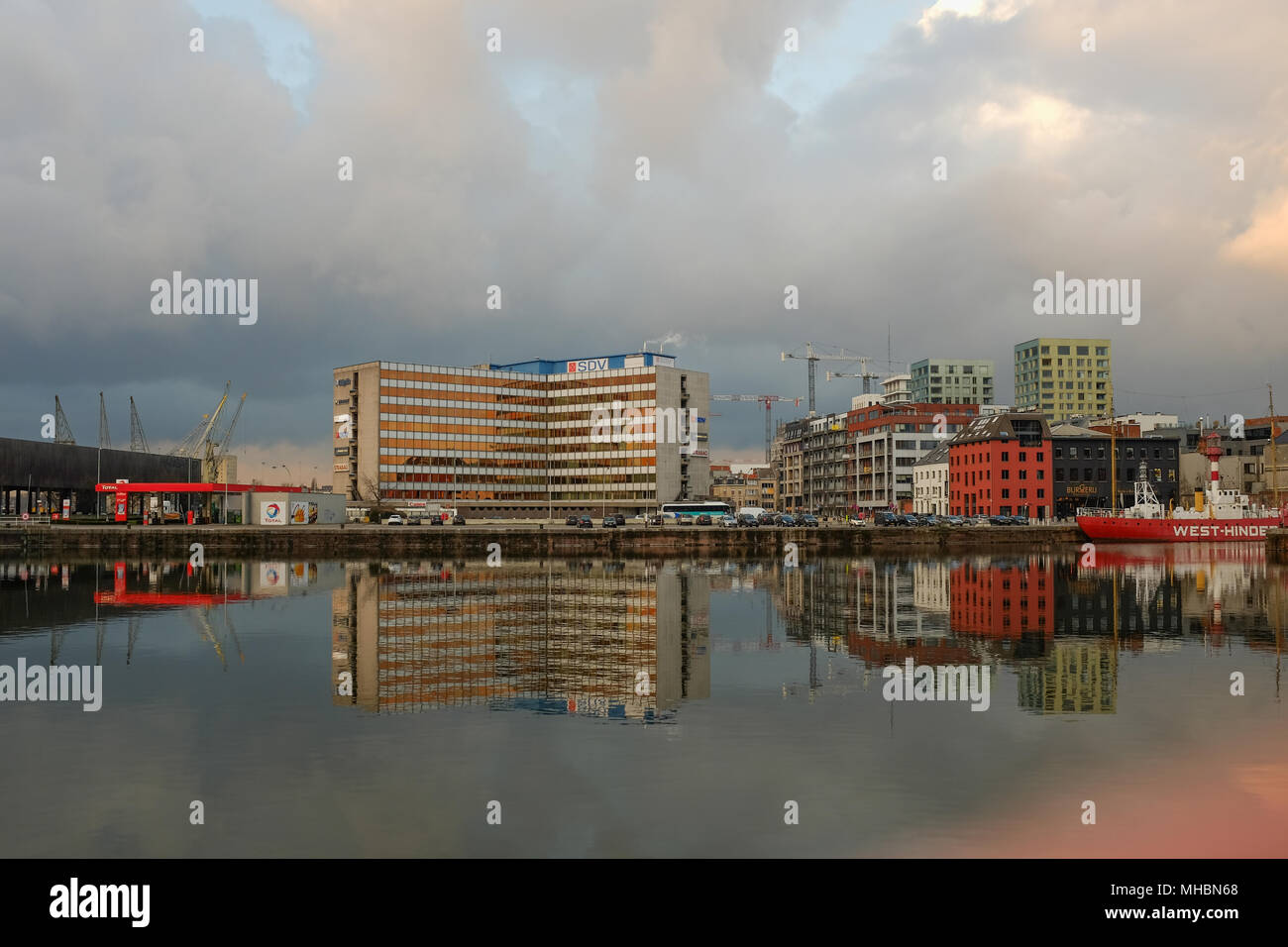 Image shows modern architecture in the Antwerp area known as 'Eilandje' Stock Photo