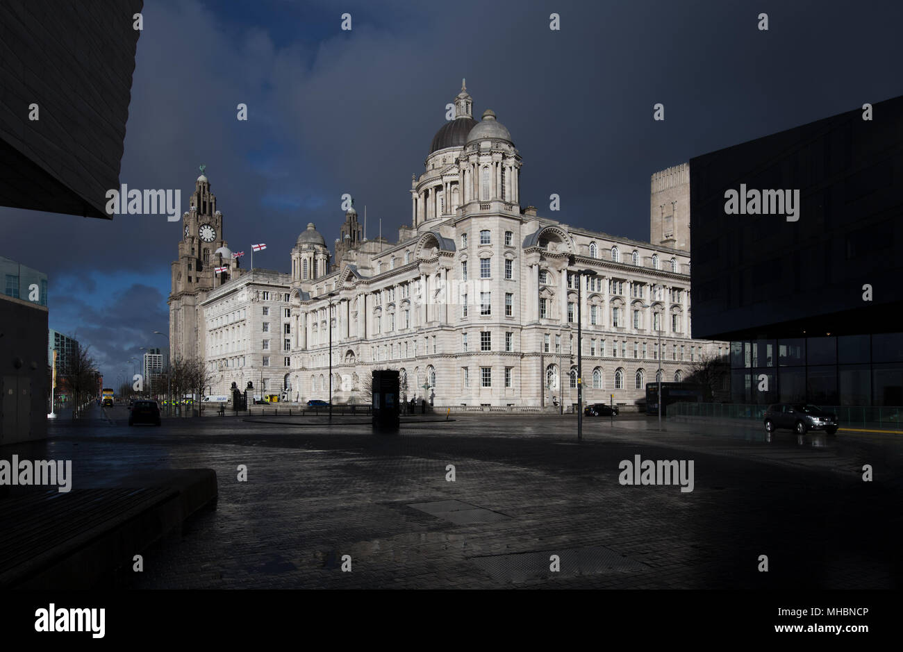 The Three Graces UNESCO World Heritage Site (Port of Liverpool, Cunard and Royal Liver Buildings) in Liverpool Stock Photo