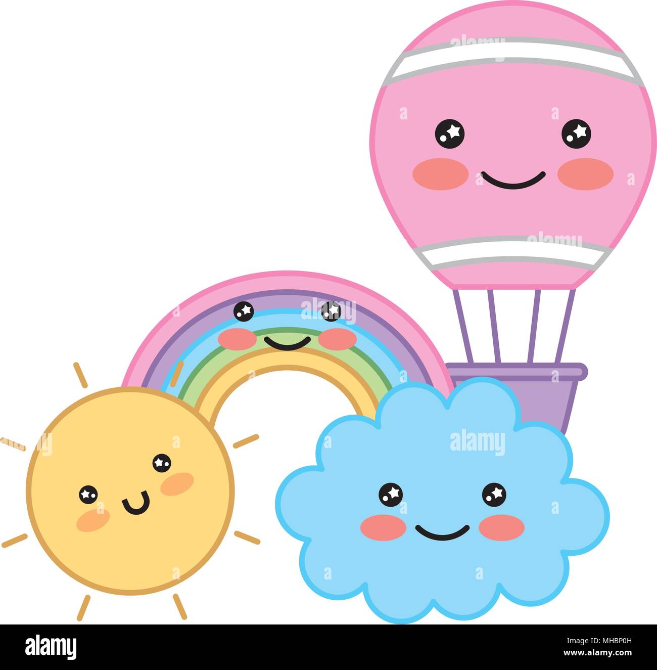 happy kawaii rainbow clouds hot air balloon cartoon vector illustration