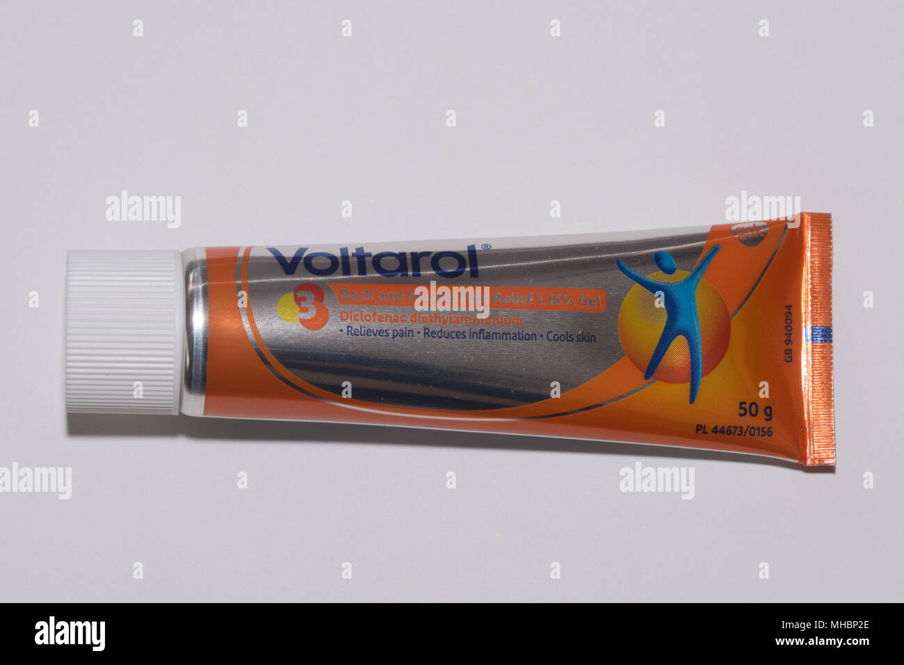 Tube of voltarol gel medication for relief of body and muscle pain Stock Photo