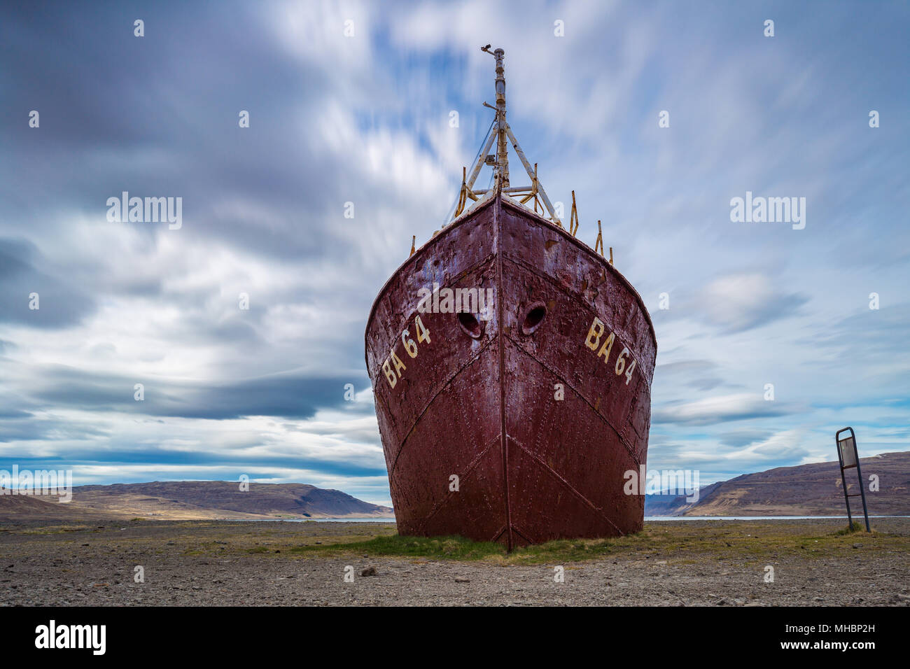 Gardar BA 64 ship wreck in Patrekfjordur, Westfjords, Iceland Stock Photo