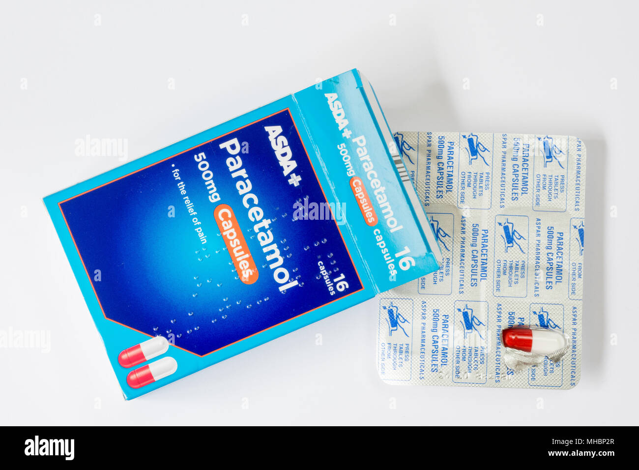 Photograph of a pack of paracetamol capsules (tablets) with one capsule ready for consumption Stock Photo