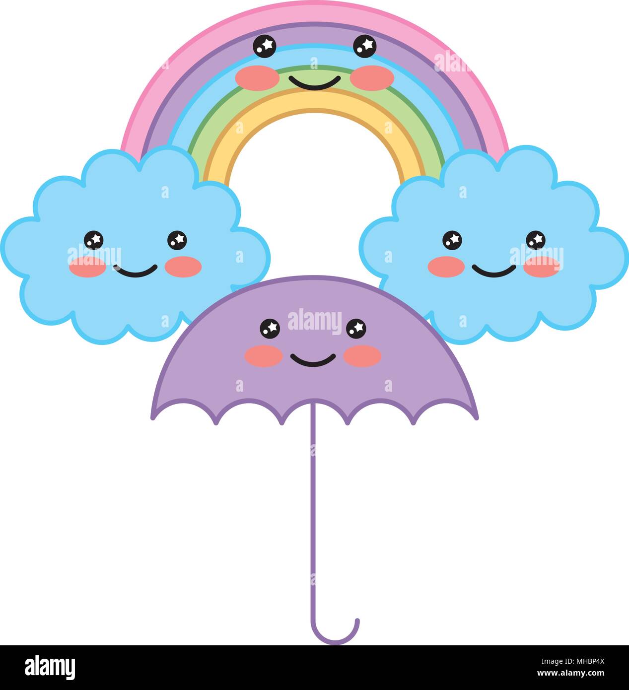 happy kawaii rainbow clouds umbrella cartoon vector illustration Stock ...