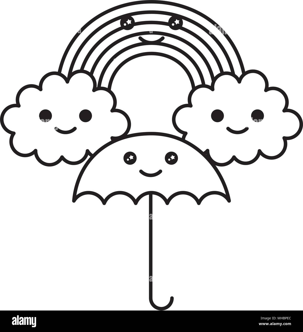 rainbow with clouds and umbrella kawaii character vector illustration ...