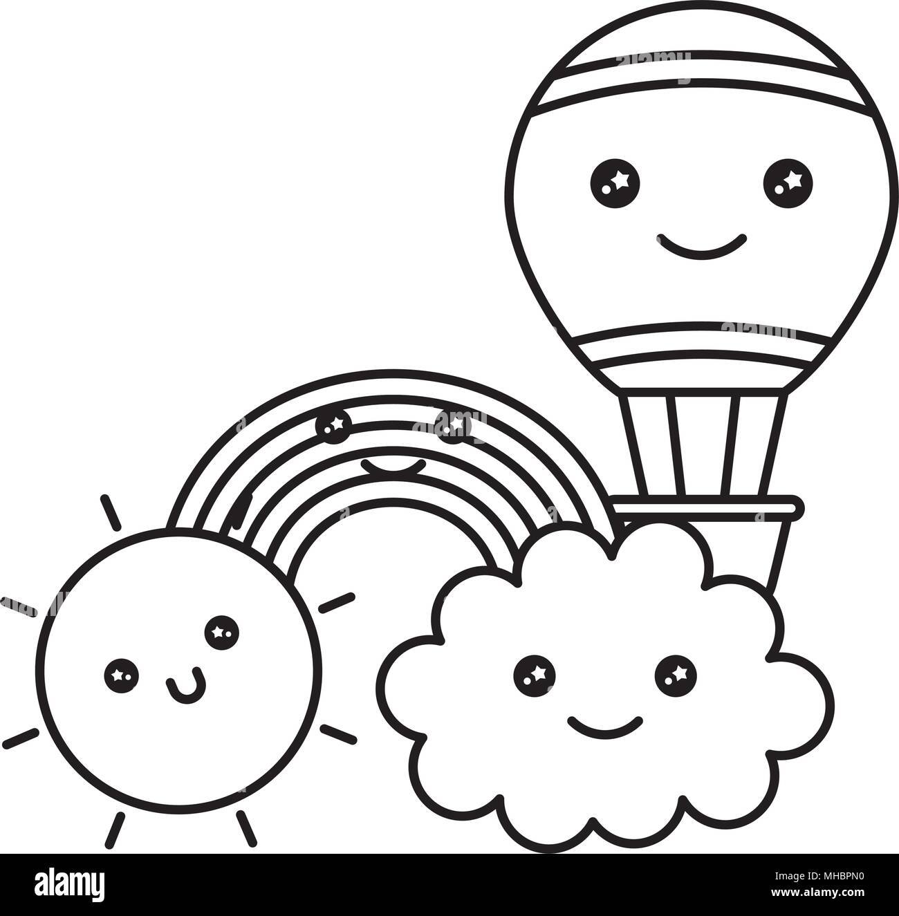 rainbow with balloon and sun cloud kawaii character vector illustration ...