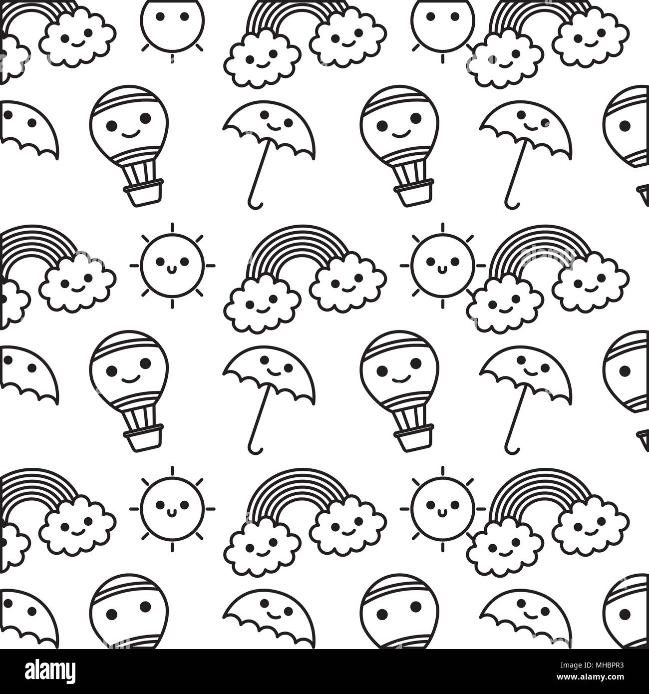 rainbow with clouds and umbrella pattern kawaii character vector ...
