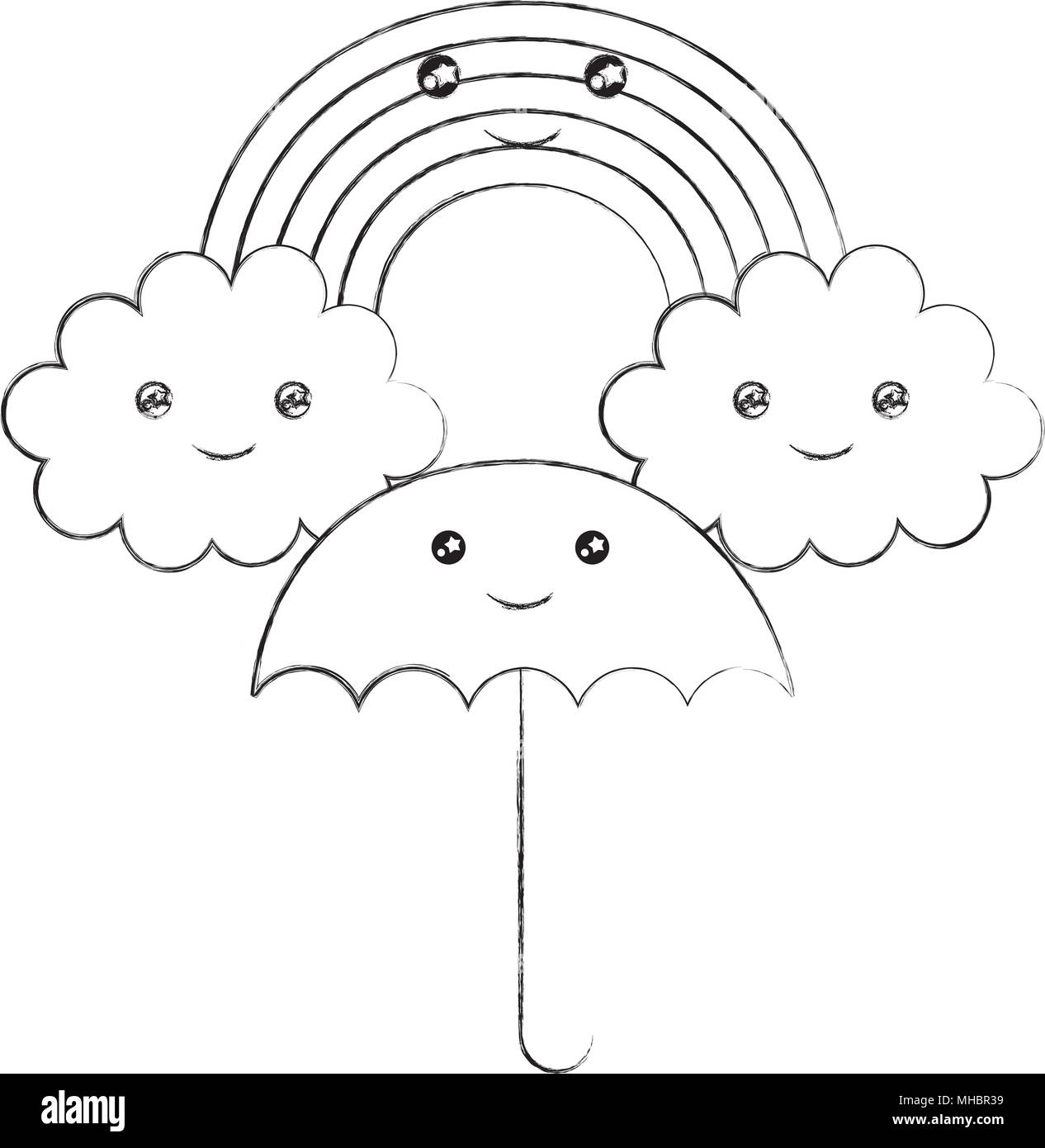 rainbow with clouds and umbrella kawaii character vector illustration ...