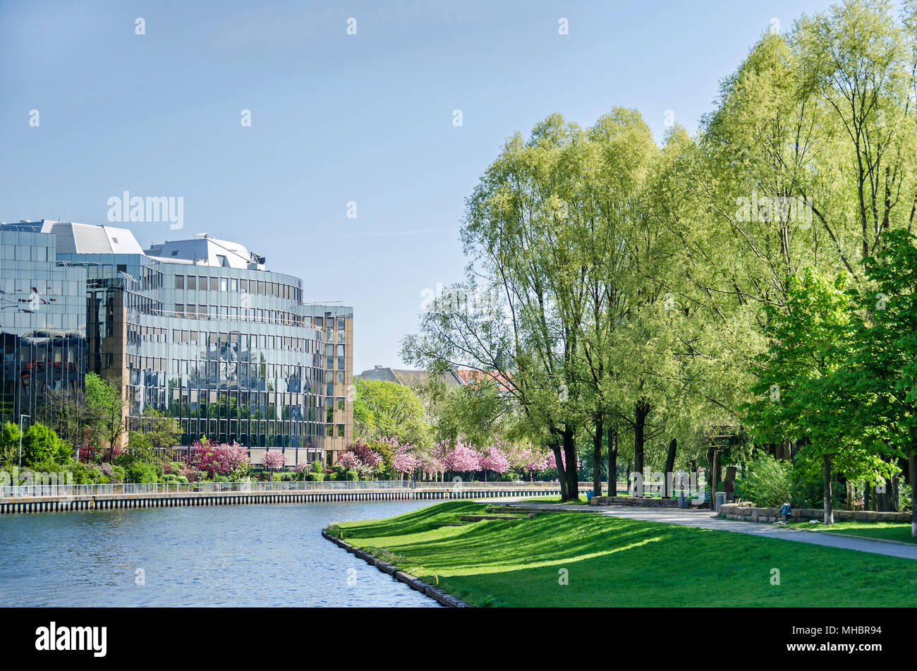 Banks of the river Spree with the reflecting facade of the buildings of Skandia insurance company and flowering trees in the springtime in Berlin, Ger Stock Photo