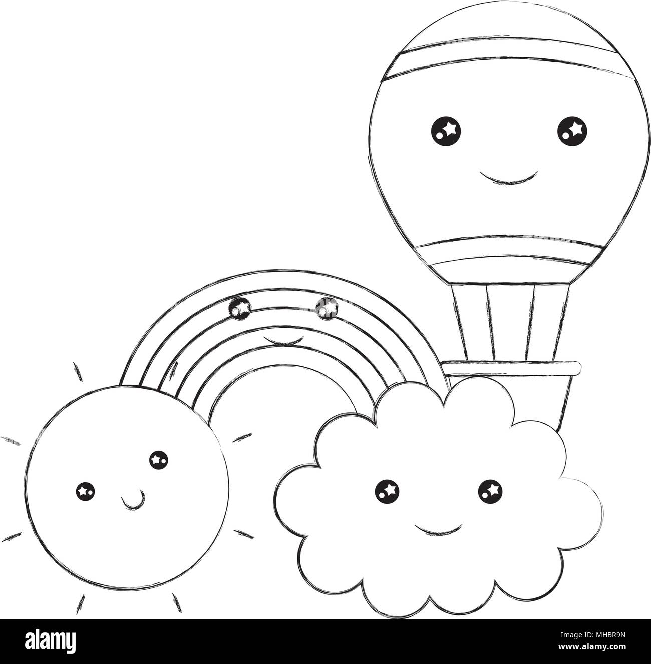 rainbow with balloon and sun cloud kawaii character vector illustration design Stock Vector