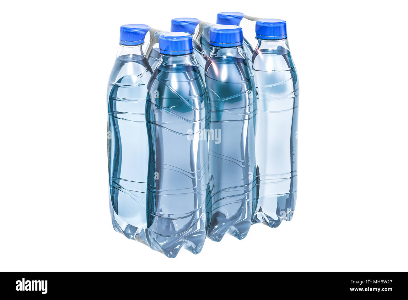Water bottles wrapped in the shrink film, 3D rendering isolated on