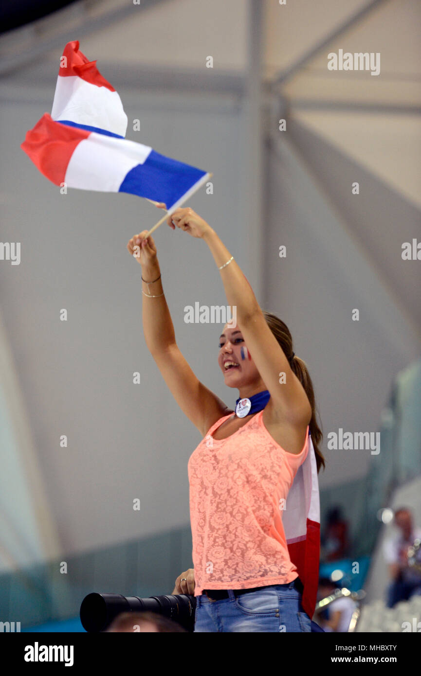 A young french fan at the Swimming venue at the London Olympics Stock ...