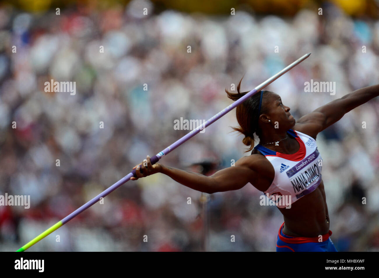 Antoinette Nana Djimou Ida of France throwing the javelin during the Heptathlon competition at the London Olympics. Stock Photo
