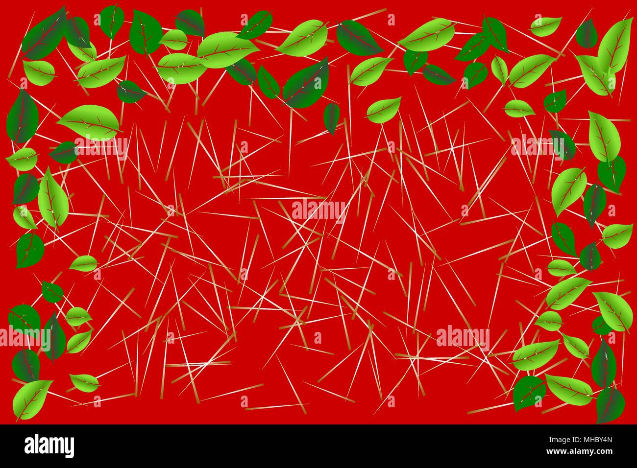 Green leaves border frame over tiny wood sticks textured on red colored background. Vector illustration, EPS 10. Stock Vector