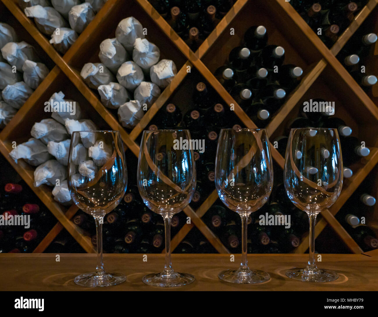 Wine tasting glasses at Laura Hartwig winery, Santa Cruz wine region, Colchagua Valley, Chile, South America Stock Photo