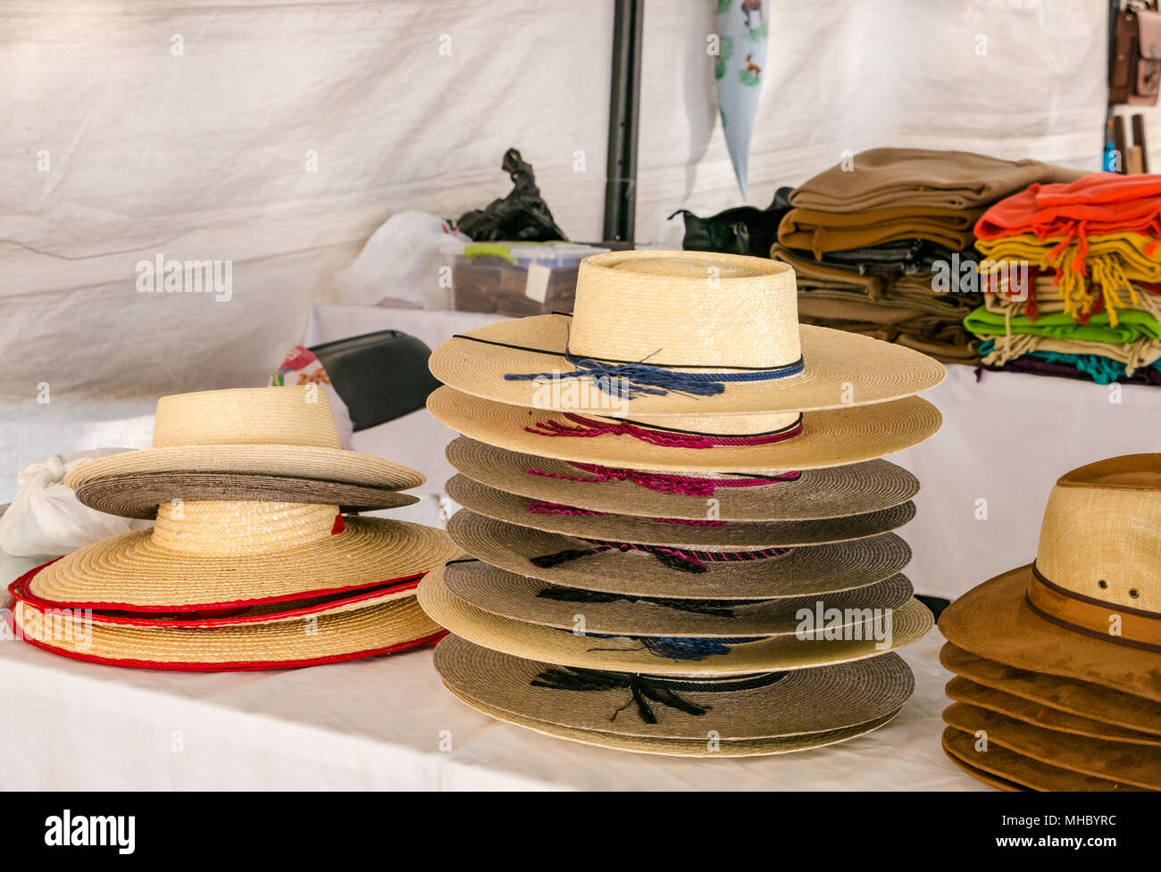 Display of traditional Chilean straw hats at craft market, Santa Cruz wine region, Colchagua Valley, Chile, South America Stock Photo