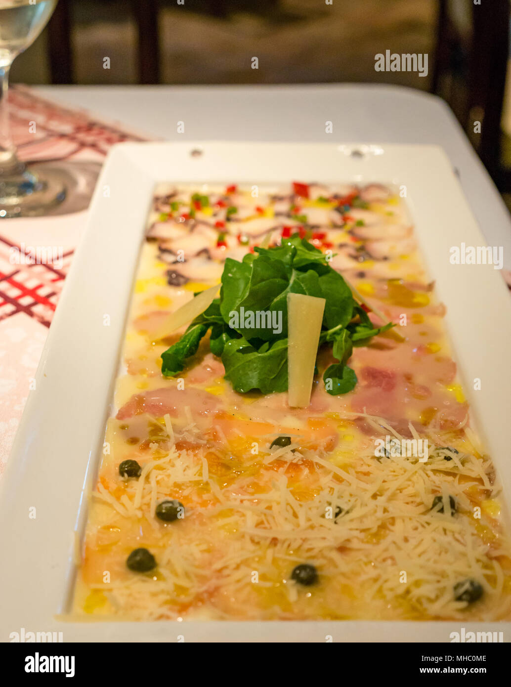 Plate of fish carpaccio trio (tuna, slamon, octopus) Vino Bello Italian restaurant, Santa Cruz, Colchagua Valley, Chile, South America Stock Photo