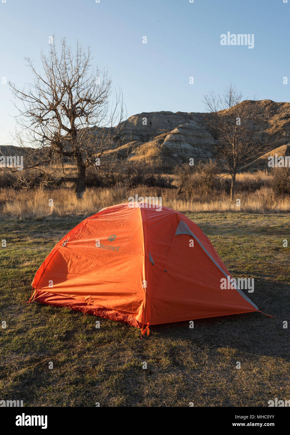 Orange tent in a campground, Dinosaur Provincial Park, Alberta, Canada