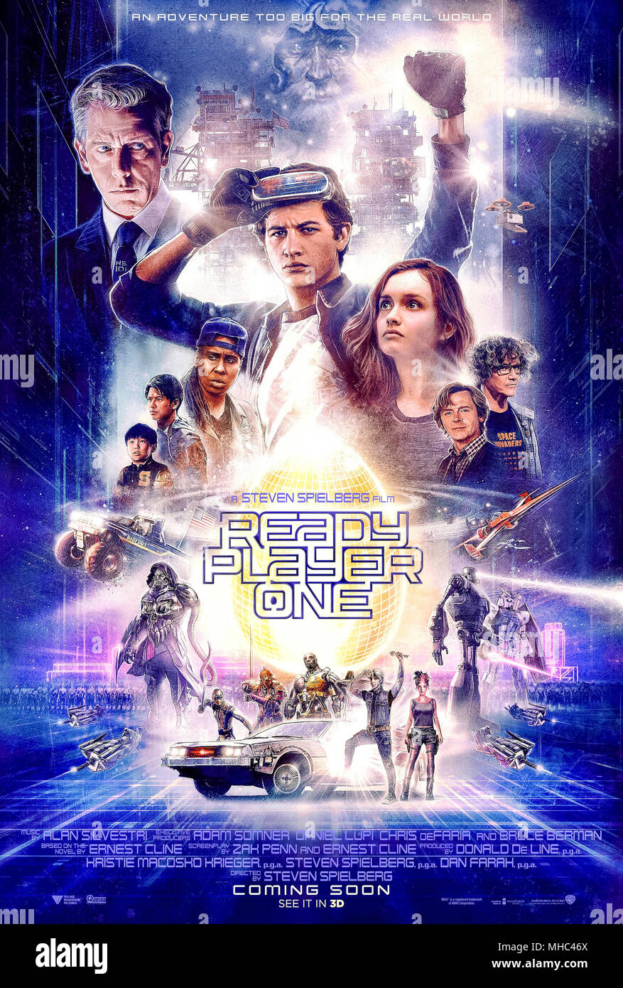 Ready Player One (2018) directed by Steven Spielberg and starring Tye Sheridan, Olivia Cooke and Ben Mendelsohn. In 2045 humans visit the OASIS, a virtual reality where anything is possible. Stock Photo