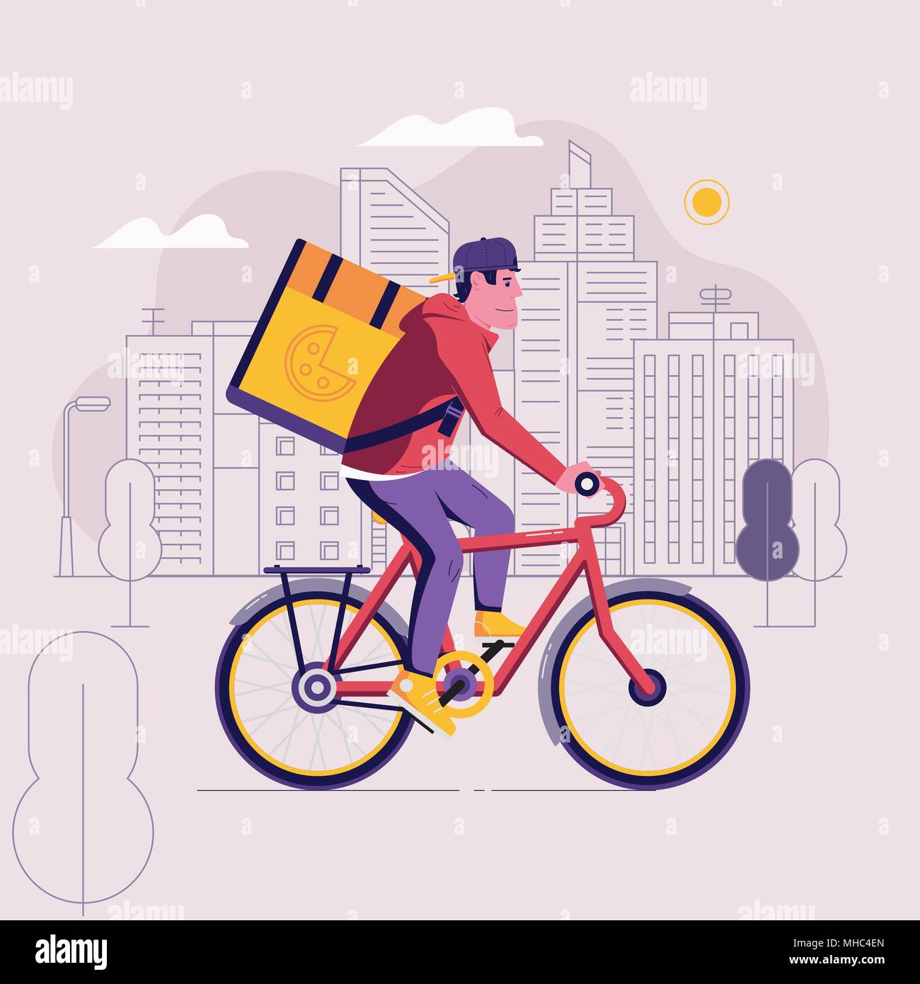 Pizza bicycle delivery man with parcel box on the back. Ecological city