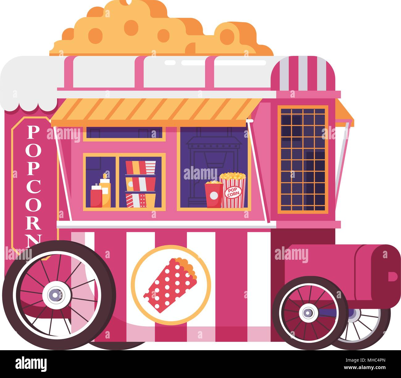 Retro vending popcorn cart in flat design. City street food trolley for pop  corn selling. Summer kitchen auto kiosk isolated on white. Bike cafe or fo  Stock Vector Image & Art -