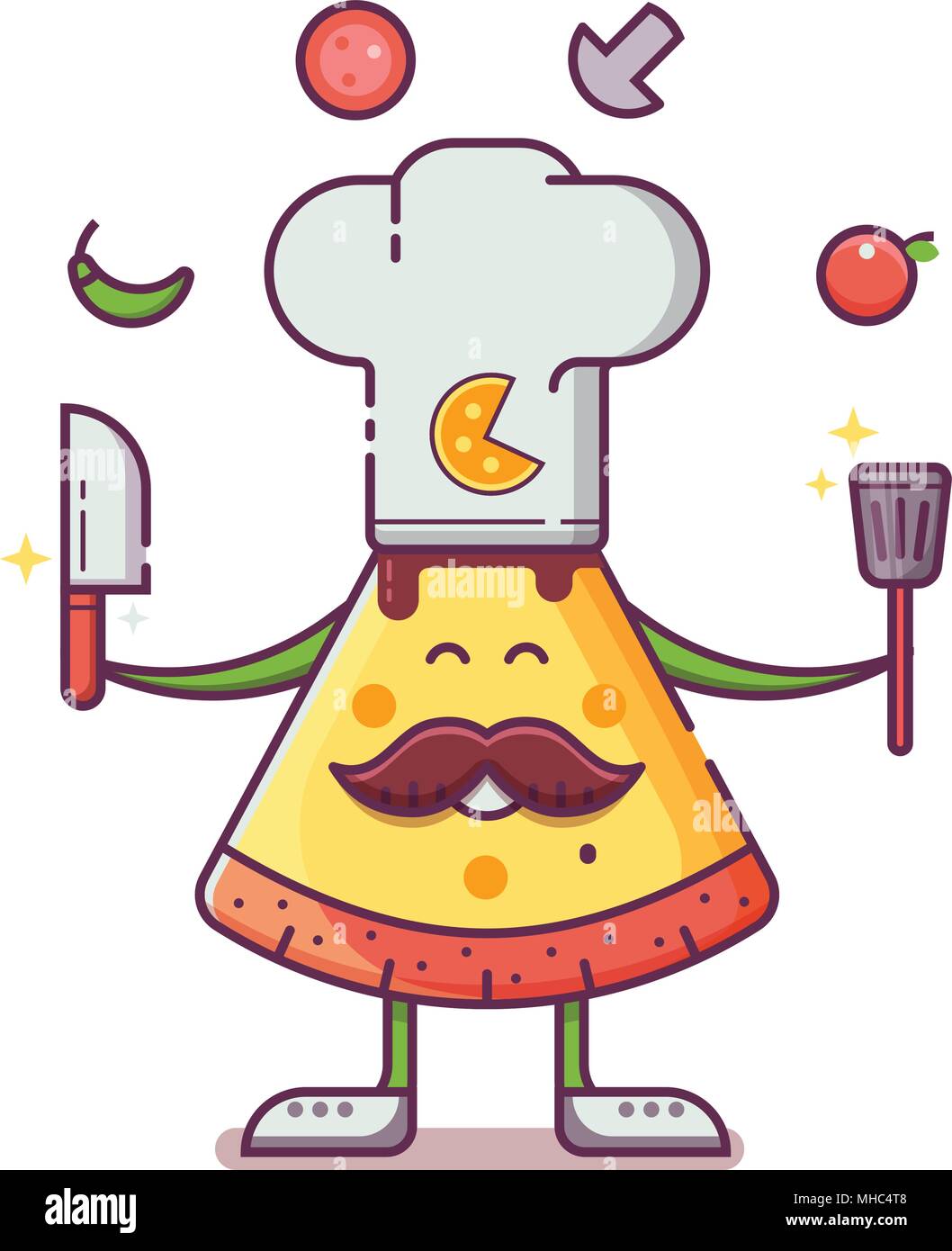 Smiling chiefcooker pizza man in chef hat with mustache juggling