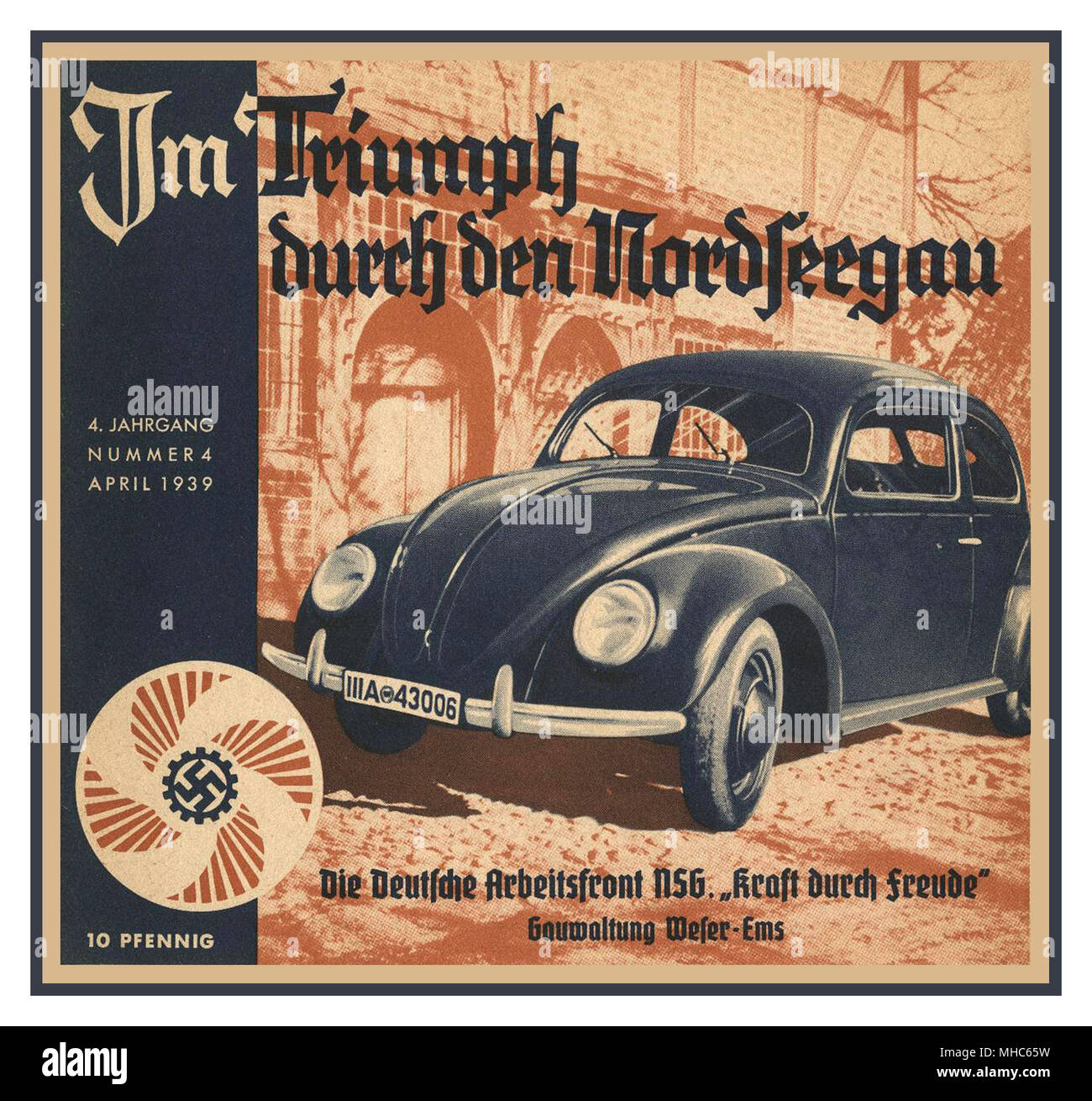 Volkswagen KDF Wagen Nazi Press advertisement with swastika symbol  1939 -' Im Triumph durch den Nordseegau' (In triumph through the North Sea coast) advertisement for the Volkswagen KdF-Wagen (nicknamed Beetle). The car manufacturer, Volkswagen, was part of the German Labour Front's 'Kraft durch Freude', as the name 'KdF' or 'Strength Through Joy' policy, a part of the ideology of 1930's NSDAP Nazi Party Germany Stock Photo