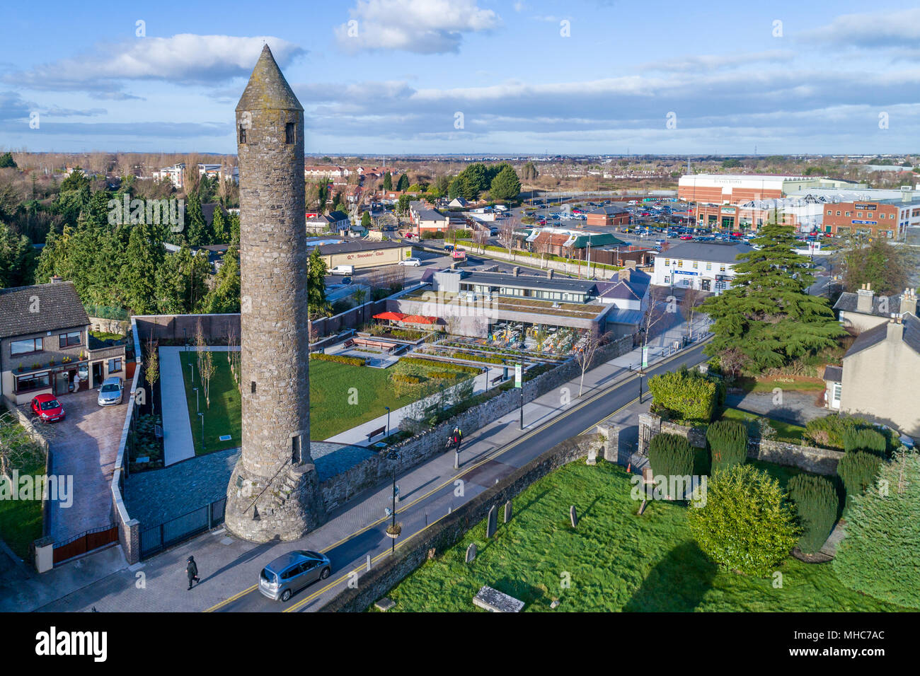 Aerial view of Clondalkin's Round Tower and The Happy Pear within the