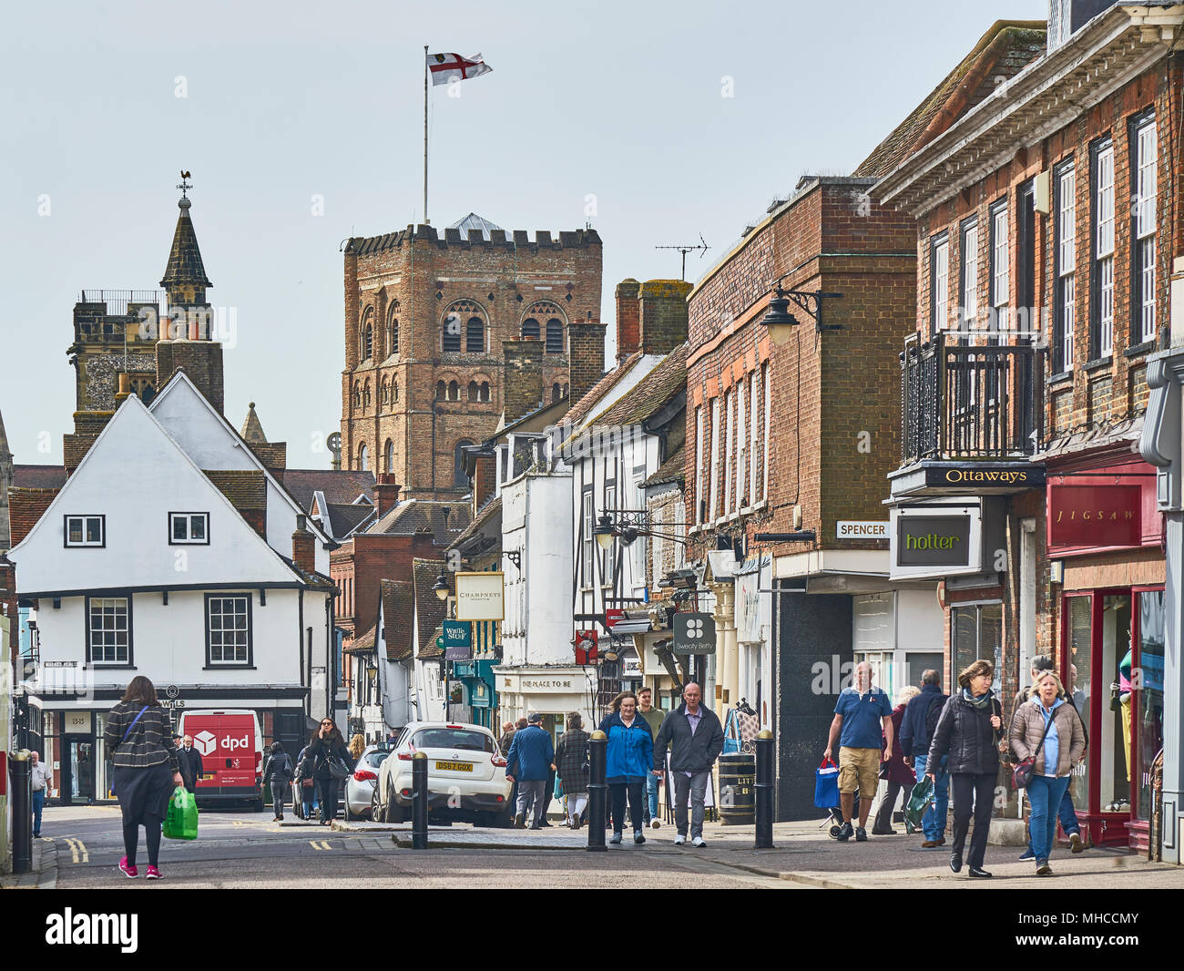 St Albans Town Centre with shops and St Albans Abbey Stock Photo