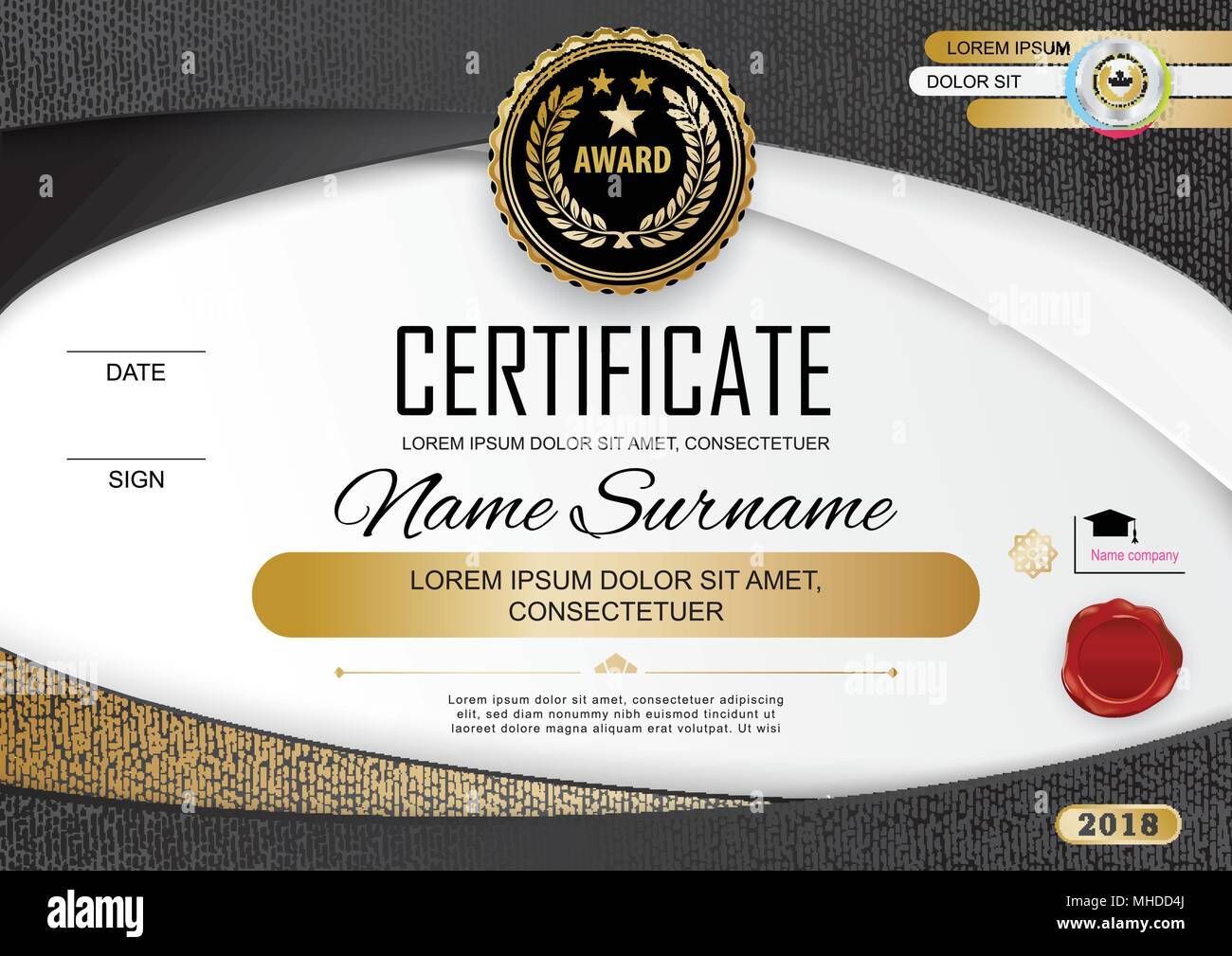 Official certificate of appreciation award template with black and golden shapes and badge Stock Vector