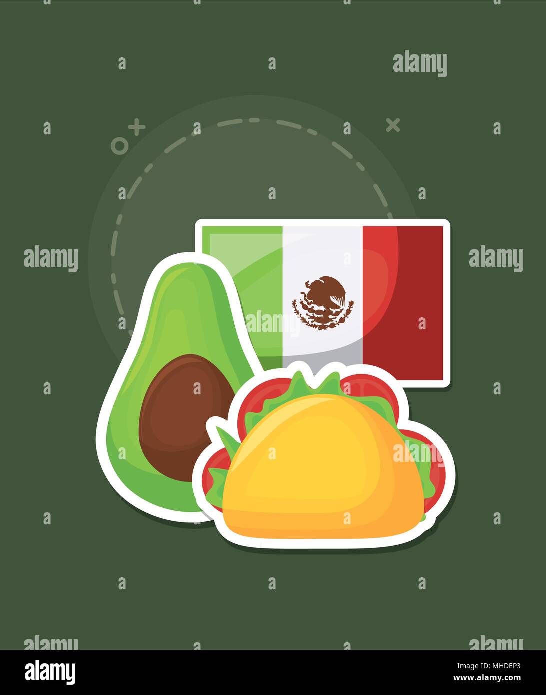 Mexican flag with avocado and taco over green background, colorful