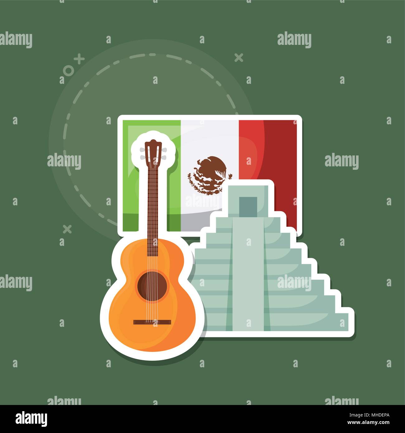 Mexican pyramid and guitar over green background, colorful design ...