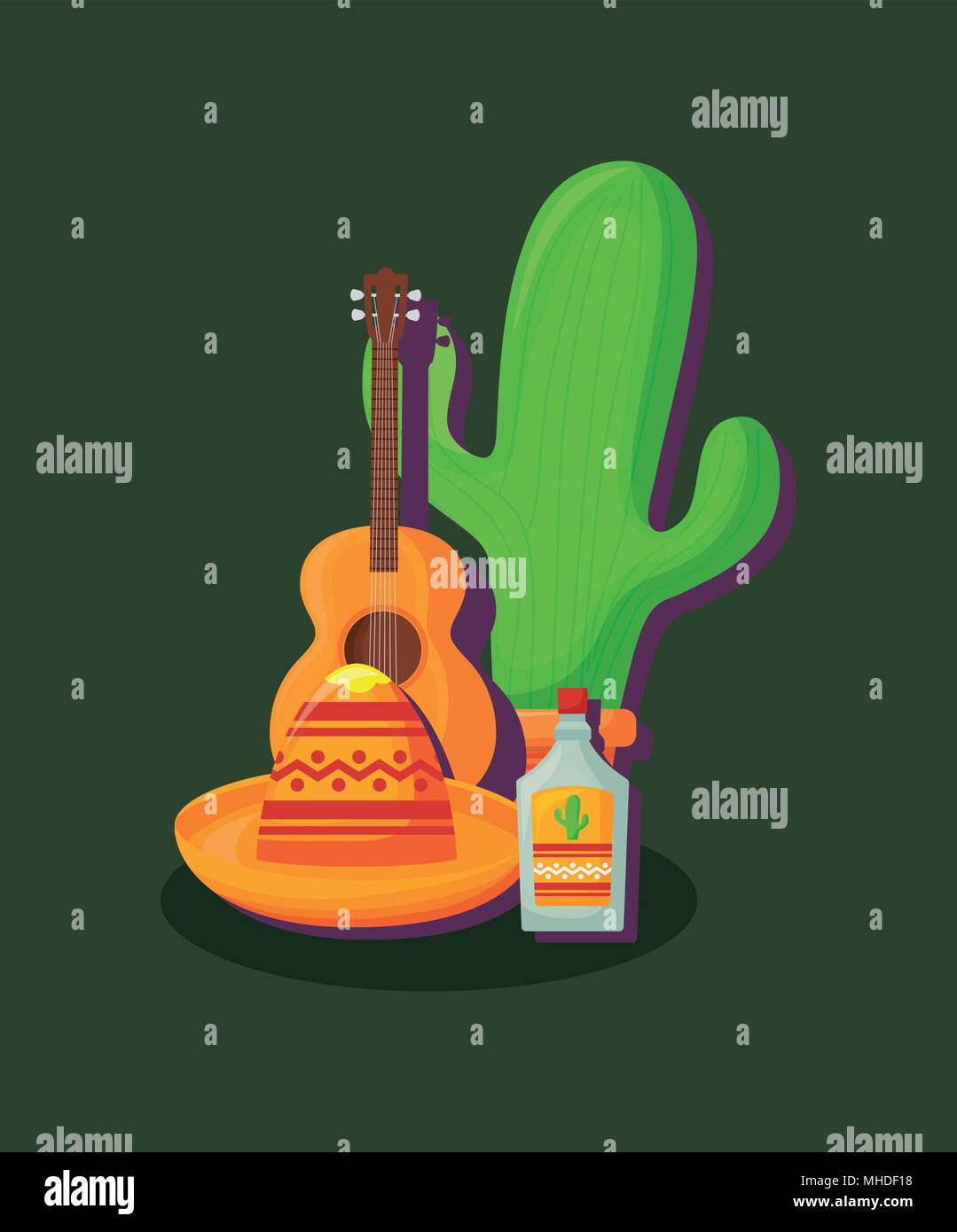 mexican hat with cactus and tequila bottle over green background ...