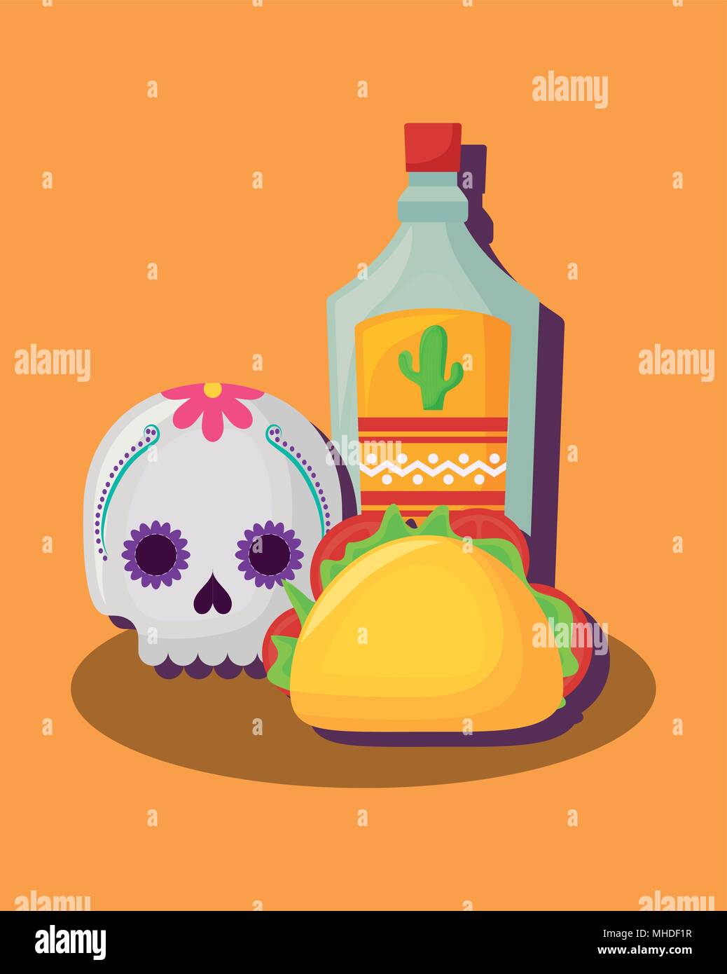 Sugar skull with tequila bottle and taco over orange background ...