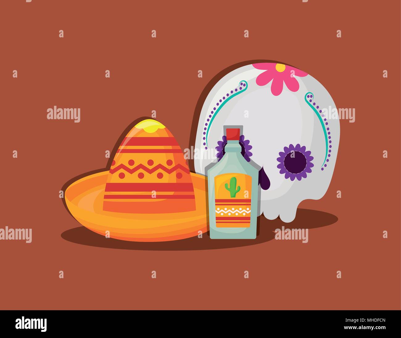Sugar skull with mexican hat and tequila bottle over brown background ...