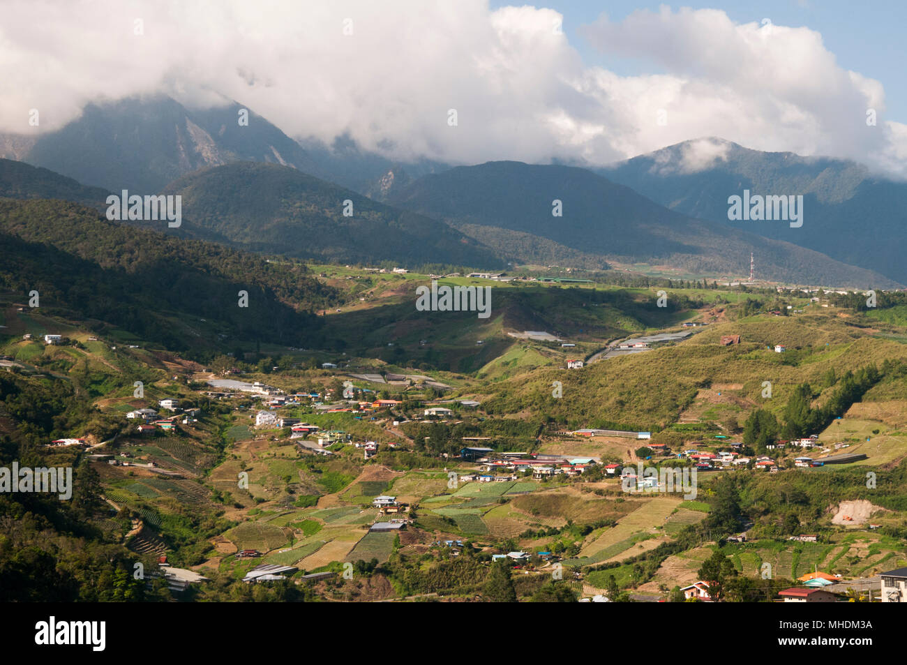 Fertile valley at Kundasang, beneath Mt Kinabalu, Sabah, Malaysian Borneo Stock Photo