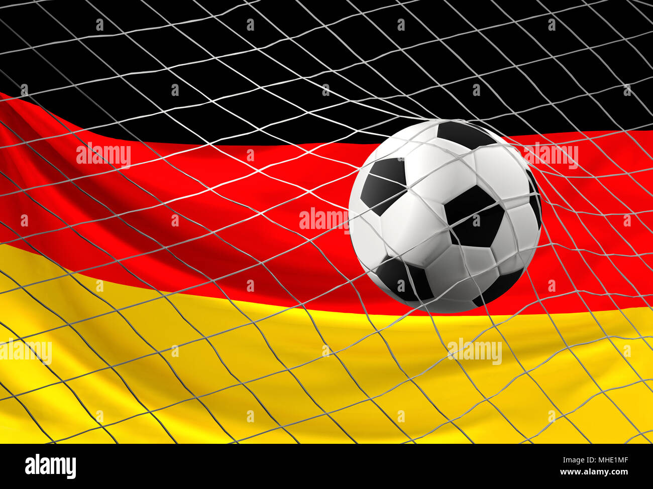 soccer football ball and flag of Germany with goal at soccer net 3d