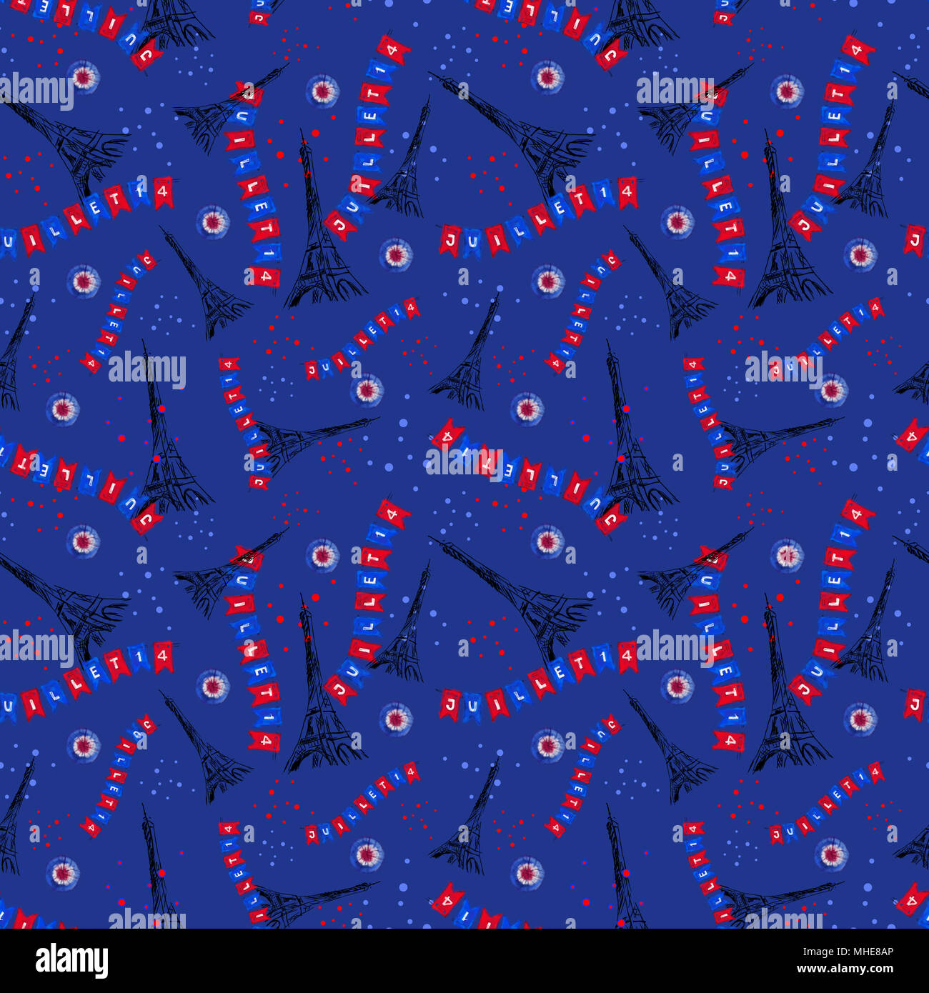 Eiffel Tower Night party seamless Pattern for Bastille Day celebration. Eiffel Tower, Confetti, Cockade, and Street Flag Decoration Rapport for  Print. Stock Photo