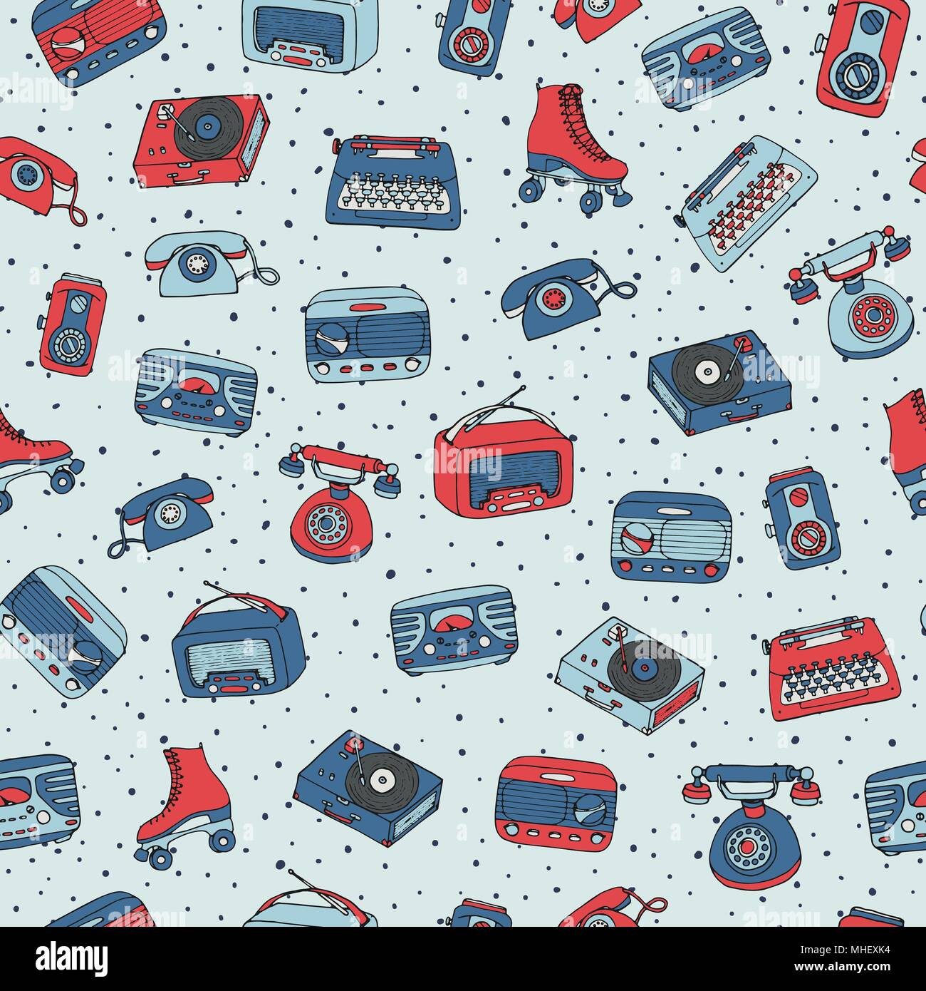 Vector retro seamless pattern with antique tech, radio, typewriter, roller skates and vinyl record player  on the dotted background. Hand drawn vintag Stock Vector