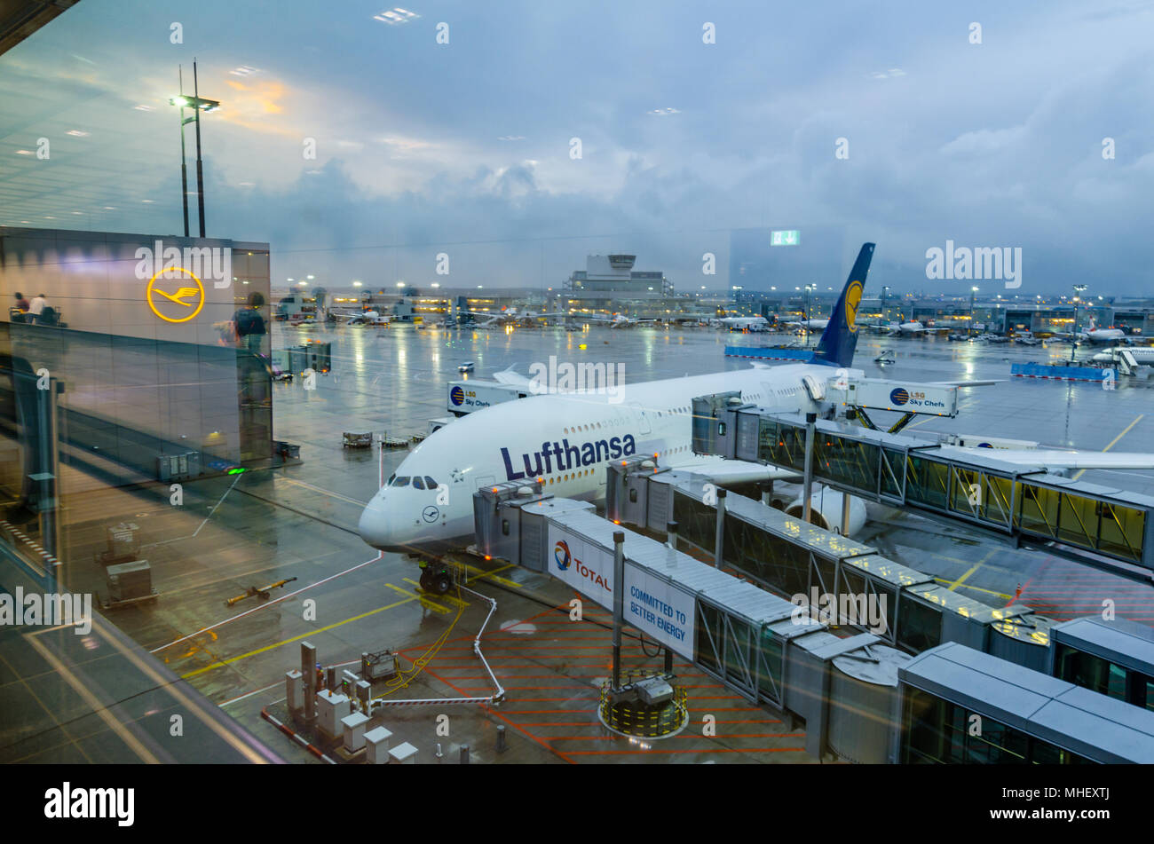 Airbus A380-800 of Lufthansa Airline preparing to take off at Frankfurt Airport of Germany. Lufthansa, is the largest German airline. Stock Photo
