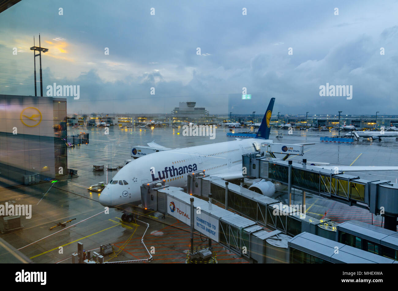 Airbus A380-800 of Lufthansa Airline preparing to take off at Frankfurt Airport of Germany. Lufthansa, is the largest German airline. Stock Photo