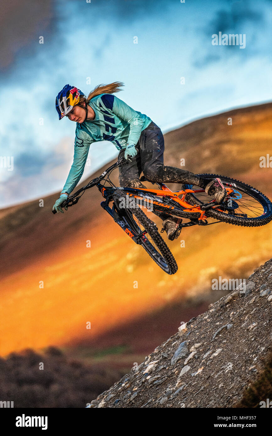 Professional downhill mountain bike racer Tahnée Seagrave. Stock Photo