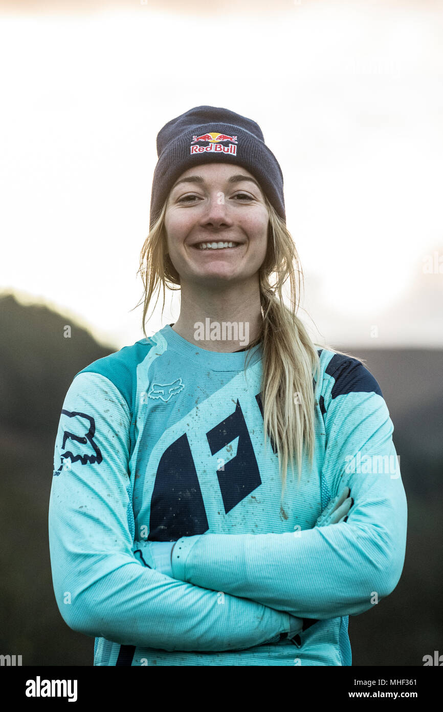 Professional downhill mountain bike racer Tahnée Seagrave. Stock Photo